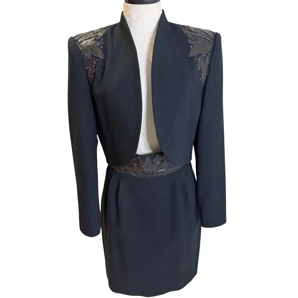 Nolan Miller Womens Bolero Jacket Skirt Set Size 6 Black Wool Snakeskin Beaded - Picture 1 of 13